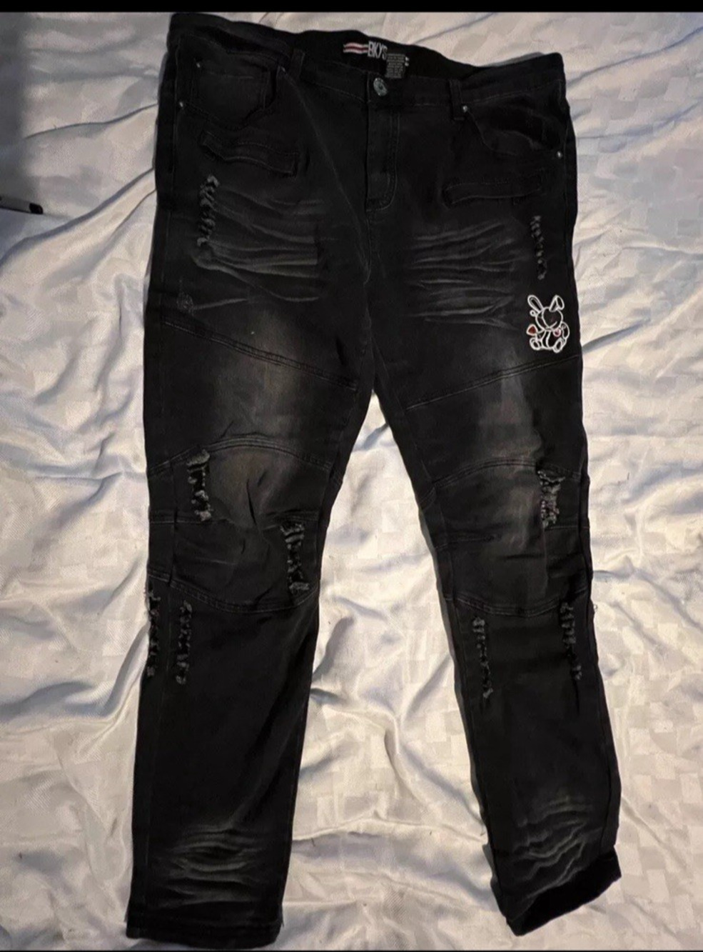 BKYS Distress Denim Mens Straight Leg Stretch Jean Bunny 7 Size 38x32 (0045)
